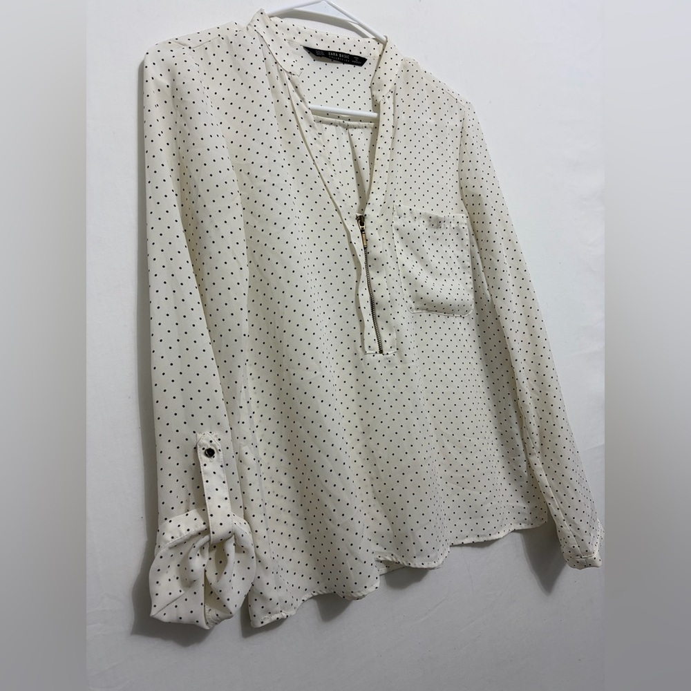 Zara Basic Polka Dot Blouse Zip Front Roll Tab Sl… - image 4